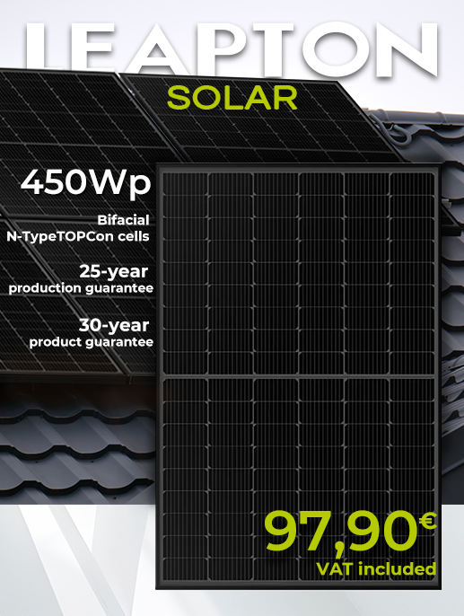 Leapton Solar 450Wp solar panel, N-type Topcon Bifacial cells, with a 25-year product guarantee and 30-year performance guarantee at a price of €97.90 incl. VAT.